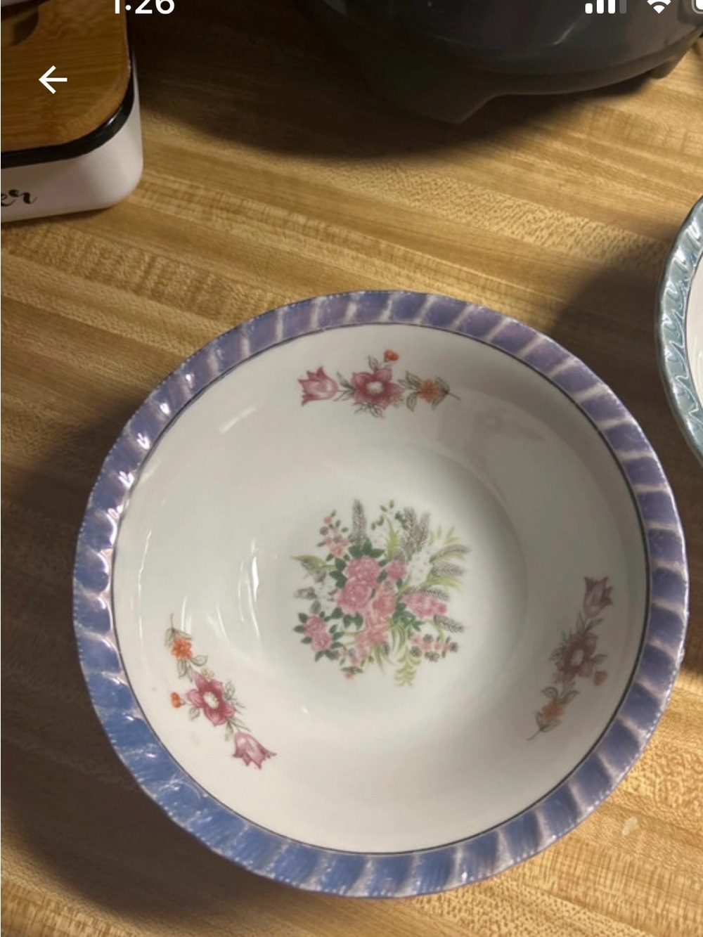 Yamatsu Floral Porcelain Serving Bowl with Lavender Scalloped Edge
